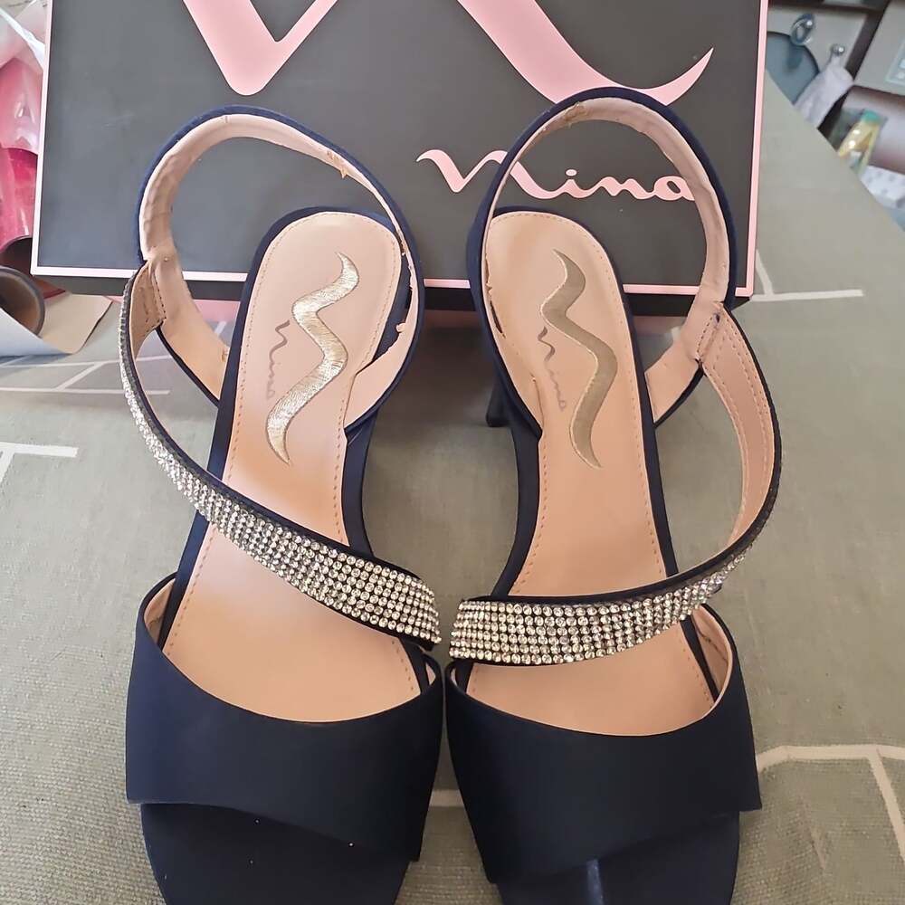 Nina Navy Blue Satin Rhinestone Embellished Slingback Heeled Sandals